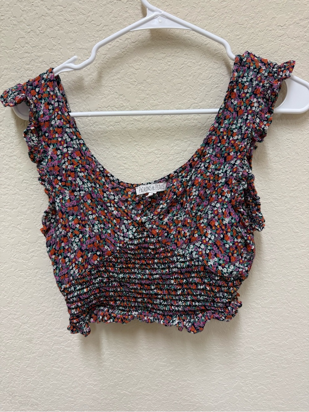 Patrons of Peace Floral Smocked Crop Top - Black, Orange, Purple, White, Green